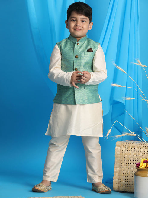 Boy's Light Green Woven Jacket With Cream Kurta And Pyjama Set